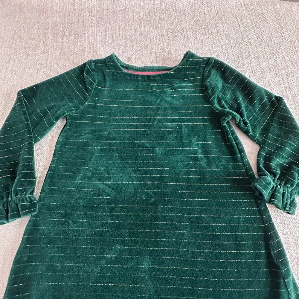 Mini Boden Emerald Green & Gold Stripe Velour Dress VGUC 5/6